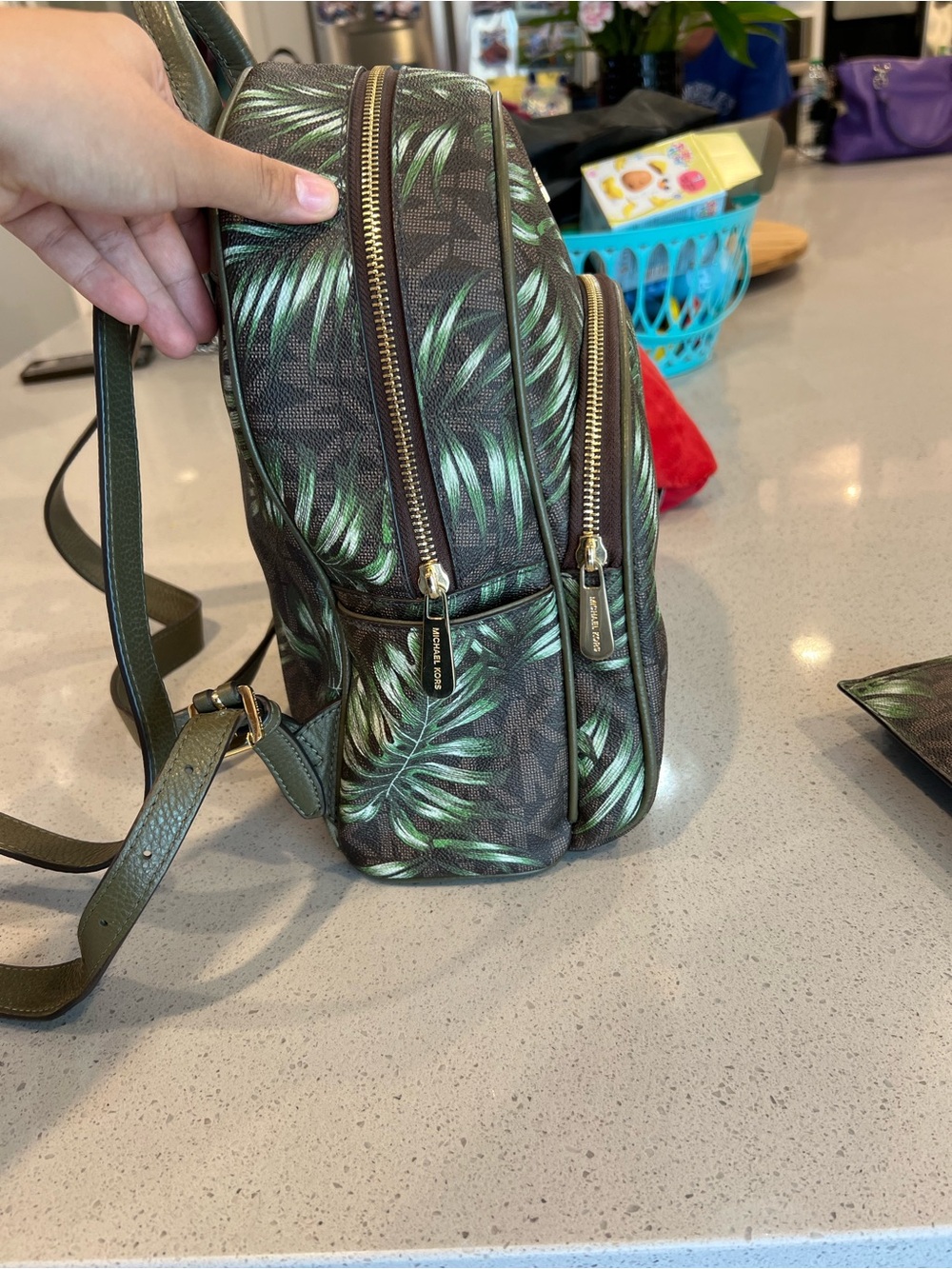 Michael Kors Abbey Medium Backpack in a green and brown - Picture 4 of 6